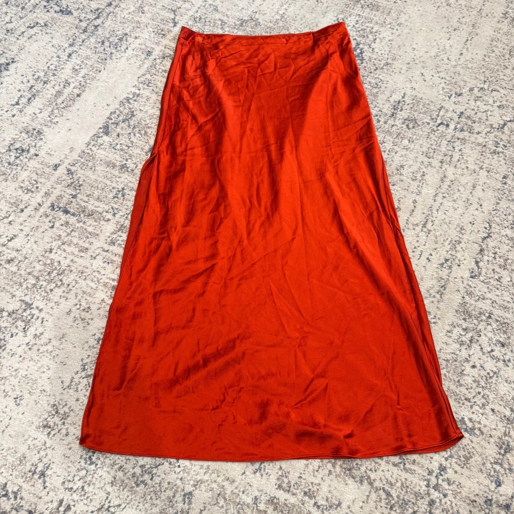 Fleur du Mal Womens Orange Red 100% Silk Satin Side Slit Midi Skirt Size M